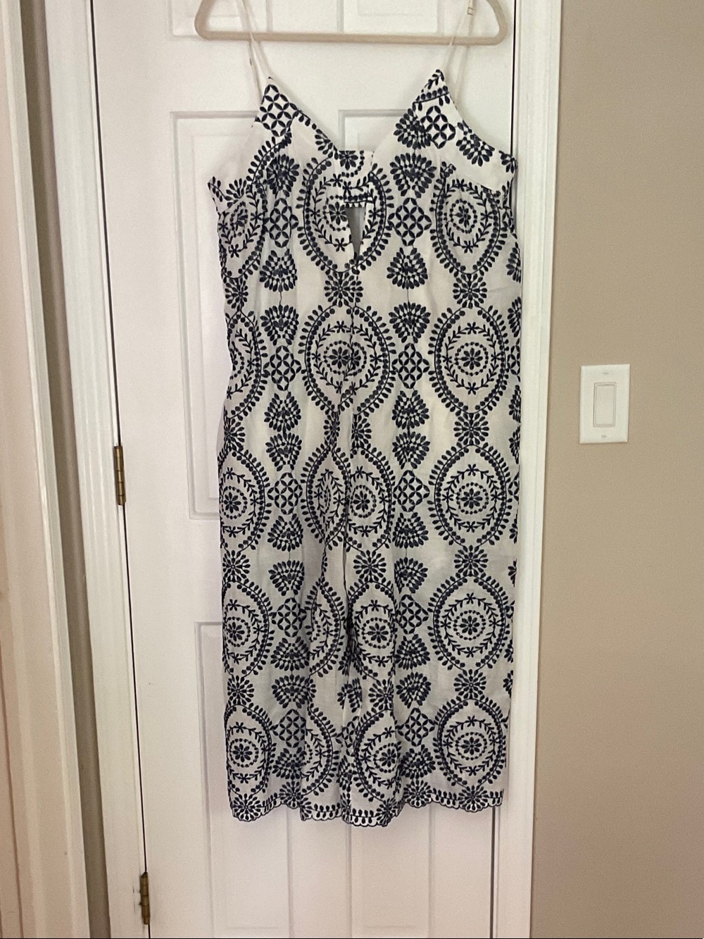Navy blue and white Printed Spaghetti-Strap Jumpsuit